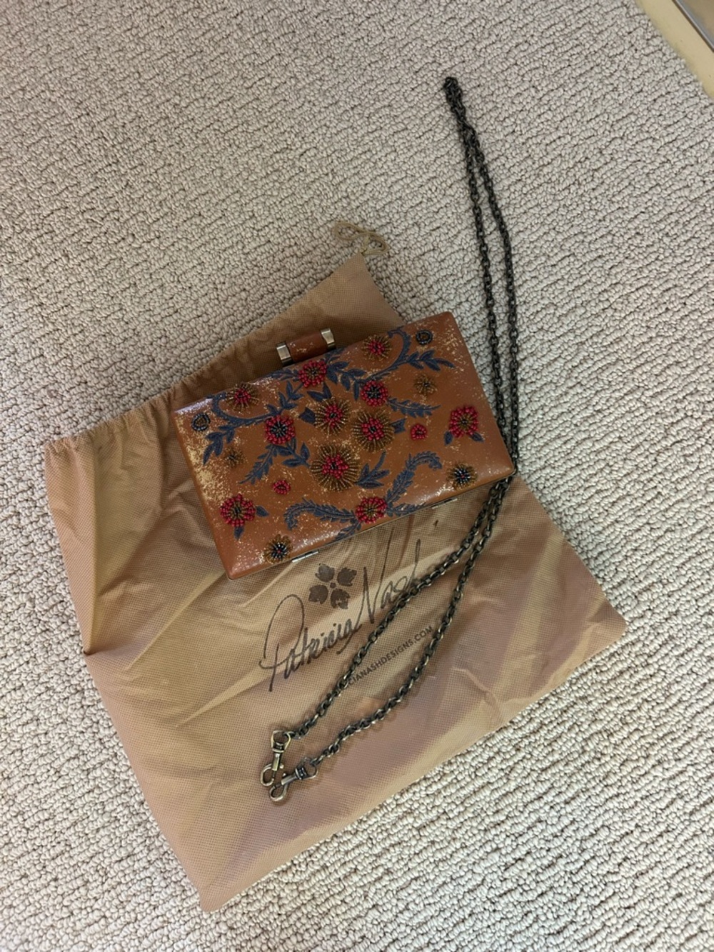Patricia Nash Tan Leather Floral Embellished Crossbody Clutch